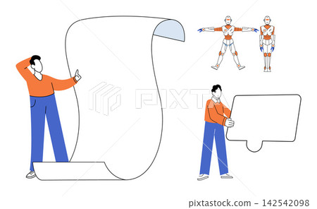 Men holding blank paper sheets and robot character design vector illustration. Presentation, information, technology, engineering, development, communication. Characters displaying empty banners Men holding blank paper sheets and robot character design vector illustration. Presentation, information, technology, engineering, development, communication. Characters displaying empty banners 142542098