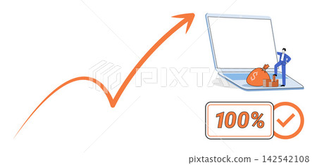 Business growth success with laptop money bag and percentage vector illustration. Financial profit, investment strategy, market analysis, wealth management, corporate earnings, digital banking 142542108