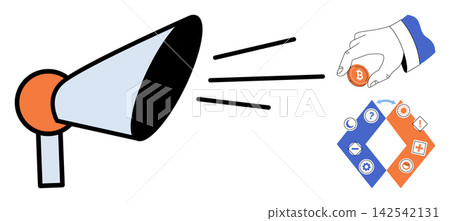 Megaphone broadcasting with a hand holding a bitcoin and business icons vector illustration. Marketing, cryptocurrency, finance, communication, digital payment, corporate strategy. Loudspeaker 142542131