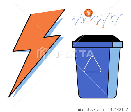 Lightning bolt and trash can with bitcoin symbol vector illustration. Cryptocurrency mining, environmental impact, energy waste, digital currency, sustainability, ecological footprint. Electric Lightning bolt and trash can with bitcoin symbol vector illustration. Cryptocurrency mining, environmental impact, energy waste, digital currency, sustainability, ecological footprint. Electric 142542132