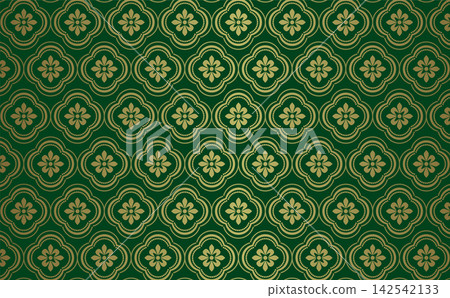A rich green background with a gold Chinese floral pattern 142542133
