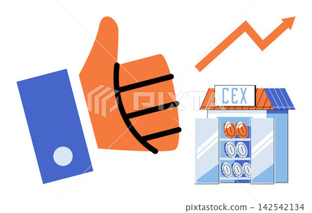Thumb up gesture with rising arrow and crypto exchange store vector illustration. Finance, investment, trading, growth, success, digital currency. Hand sign with increasing graph and shop Thumb up gesture with rising arrow and crypto exchange store vector illustration. Finance, investment, trading, growth, success, digital currency. Hand sign with increasing graph and shop 142542134