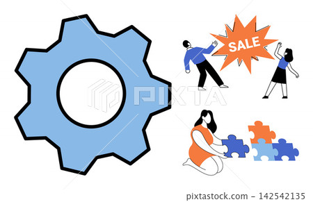 Gear icon with people solving puzzles and a sale sign vector illustration. Marketing, teamwork, problem solving, retail, business strategy, development. Cogwheel symbol with shoppers Gear icon with people solving puzzles and a sale sign vector illustration. Marketing, teamwork, problem solving, retail, business strategy, development. Cogwheel symbol with shoppers 142542135