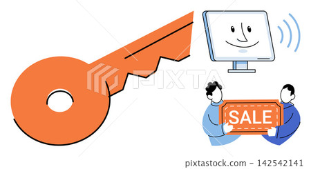 Key icon, computer monitor, and people holding a sale coupon vector illustration. E-commerce, business growth, digital marketing, online shopping, retail promotion, customer engagement. Access tool Key icon, computer monitor, and people holding a sale coupon vector illustration. E-commerce, business growth, digital marketing, online shopping, retail promotion, customer engagement. Access tool 142542141