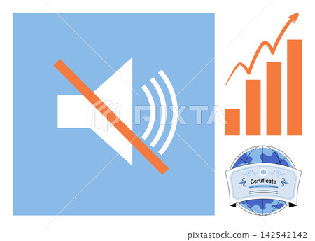Muted sound icon with growth chart and global certificate vector illustration. Audio control, business growth, international certification, digital media, data analysis, quality assurance. Silent Muted sound icon with growth chart and global certificate vector illustration. Audio control, business growth, international certification, digital media, data analysis, quality assurance. Silent 142542142
