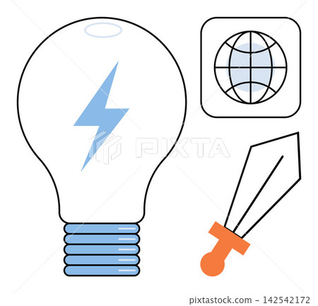 Light bulb with lightning bolt globe icon and sword vector illustration. Innovation, global energy, power, strategy, conflict, technology. Electric lamp, world symbol, blade graphic 142542172