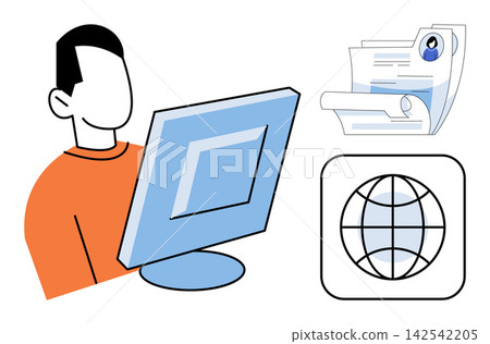 Man using a computer with resume documents and globe icon vector illustration. Recruitment, global hiring, job search, online career, international business, digital staffing. Employee browsing web Man using a computer with resume documents and globe icon vector illustration. Recruitment, global hiring, job search, online career, international business, digital staffing. Employee browsing web 142542205