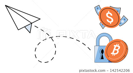 Paper airplane flying towards dollar coins and a locked bitcoin vector illustration. Financial growth, digital security, investment strategy, money transfer, cryptocurrency, online banking. Origami Paper airplane flying towards dollar coins and a locked bitcoin vector illustration. Financial growth, digital security, investment strategy, money transfer, cryptocurrency, online banking. Origami 142542206