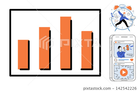 Bar chart, running businessman with clock, and smartphone social media marketing vector illustration. Productivity, time management, digital advertising, data analysis, content strategy, growth Bar chart, running businessman with clock, and smartphone social media marketing vector illustration. Productivity, time management, digital advertising, data analysis, content strategy, growth 142542226