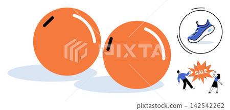 Two orange spheres next to a running shoe icon and people shopping vector illustration. Retail, discount, commerce, footwear, marketing, consumerism. Pair of circles beside athletic sneaker Two orange spheres next to a running shoe icon and people shopping vector illustration. Retail, discount, commerce, footwear, marketing, consumerism. Pair of circles beside athletic sneaker 142542262