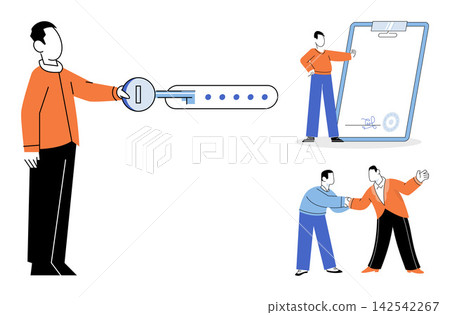 Business people interacting with security keys and signing contracts vector illustration. Digital security, partnership, agreement, authentication, teamwork, legal document. Professionals handling Business people interacting with security keys and signing contracts vector illustration. Digital security, partnership, agreement, authentication, teamwork, legal document. Professionals handling 142542267