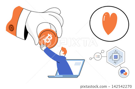 Hand giving a bitcoin to a person emerging from a laptop vector illustration. Cryptocurrency, digital finance, online investment, virtual economy, fintech, blockchain technology. Hand offering Hand giving a bitcoin to a person emerging from a laptop vector illustration. Cryptocurrency, digital finance, online investment, virtual economy, fintech, blockchain technology. Hand offering 142542270