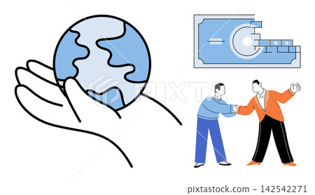 Hand holding earth globe, money transaction, and business handshake vector illustration. International trade, economic cooperation, global investment, corporate partnership, finance, sustainability Hand holding earth globe, money transaction, and business handshake vector illustration. International trade, economic cooperation, global investment, corporate partnership, finance, sustainability 142542271