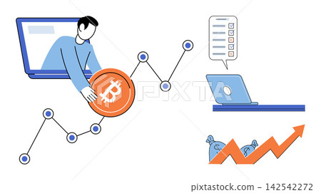 Person interacting with bitcoin and financial charts vector illustration. Digital finance, investment growth, crypto trading, market analysis, online banking, wealth management. Man managing virtual Person interacting with bitcoin and financial charts vector illustration. Digital finance, investment growth, crypto trading, market analysis, online banking, wealth management. Man managing virtual 142542272