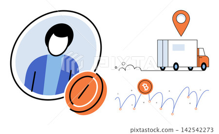 User profile with bitcoin coin and delivery truck with location pin vector illustration. Finance, logistics, digital currency, shipping, investment, tracking. Person icon with crypto asset User profile with bitcoin coin and delivery truck with location pin vector illustration. Finance, logistics, digital currency, shipping, investment, tracking. Person icon with crypto asset 142542273