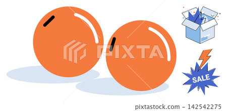 Two orange spheres next to an open box and a sale flash icon vector illustration. E-commerce, retail, shopping, delivery, marketing, promotion. Round objects beside a package and discount sign Two orange spheres next to an open box and a sale flash icon vector illustration. E-commerce, retail, shopping, delivery, marketing, promotion. Round objects beside a package and discount sign 142542275