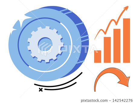 Gear inside a coin with rising bar chart and arrow vector illustration. Financial growth, business strategy, process optimization, economic development, investment success, market analysis. Cogwheel Gear inside a coin with rising bar chart and arrow vector illustration. Financial growth, business strategy, process optimization, economic development, investment success, market analysis. Cogwheel 142542276