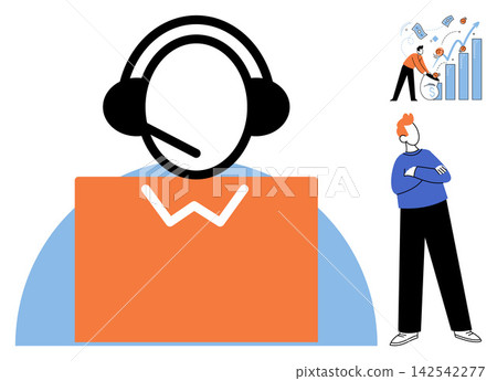 Customer support agent with headset and business growth analysis vector illustration. Communication, finance, investment, strategy, consulting, professional development. Help desk operator Customer support agent with headset and business growth analysis vector illustration. Communication, finance, investment, strategy, consulting, professional development. Help desk operator 142542277