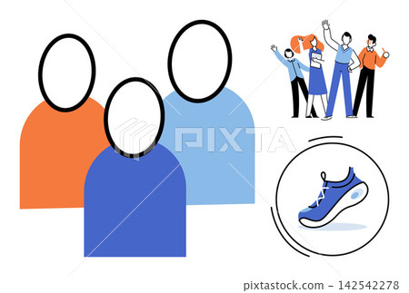 Group of abstract people and a running shoe vector illustration. Teamwork, fitness, active lifestyle, corporate culture, footwear, athletic performance. Diverse characters and sneakers Group of abstract people and a running shoe vector illustration. Teamwork, fitness, active lifestyle, corporate culture, footwear, athletic performance. Diverse characters and sneakers 142542278
