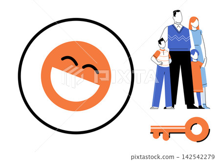 Smiling emotion icon with a happy family and a key symbol vector illustration. Happiness, family values, success, home ownership, positive emotions, life goals. Joyful face symbol with parents Smiling emotion icon with a happy family and a key symbol vector illustration. Happiness, family values, success, home ownership, positive emotions, life goals. Joyful face symbol with parents 142542279