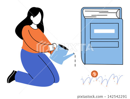 A woman kneeling and watering a book with a bitcoin chart nearby vector illustration. Financial literacy, investment growth, crypto education, wealth building, knowledge development, asset A woman kneeling and watering a book with a bitcoin chart nearby vector illustration. Financial literacy, investment growth, crypto education, wealth building, knowledge development, asset 142542291