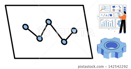 Business data analysis and process optimization vector illustration. Strategy, management, development, technology, productivity, performance. Corporate analytics dashboard with gear icon Business data analysis and process optimization vector illustration. Strategy, management, development, technology, productivity, performance. Corporate analytics dashboard with gear icon 142542292