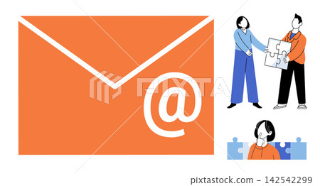 People connecting puzzle pieces and email symbol vector illustration. Teamwork, problem solving, digital communication, business collaboration, networking, strategy. Employees assembling jigsaw parts People connecting puzzle pieces and email symbol vector illustration. Teamwork, problem solving, digital communication, business collaboration, networking, strategy. Employees assembling jigsaw parts 142542299