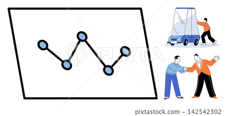 Business growth chart and professional teamwork vector illustration. Corporate development, partnership, productivity, success, goal achievement, cooperation. Financial graph and office workers 142542302