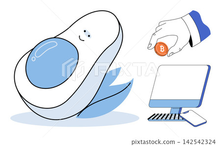 Avocado character with bitcoin and computer vector illustration. Finance, digital currency, online investment, crypto trading, blockchain technology, virtual assets. Modern food mascot with coin Avocado character with bitcoin and computer vector illustration. Finance, digital currency, online investment, crypto trading, blockchain technology, virtual assets. Modern food mascot with coin 142542324