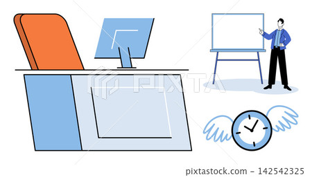 Office desk with computer and businessman presenting at a whiteboard vector illustration. Business management, corporate training, time management, professional development, productivity, planning Office desk with computer and businessman presenting at a whiteboard vector illustration. Business management, corporate training, time management, professional development, productivity, planning 142542325