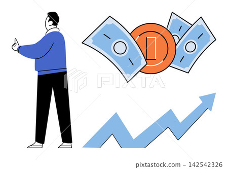 Man looking at rising financial growth chart with money vector illustration. Investment, profit, economy, business, success, wealth. Person observing increasing capital and currency 142542326