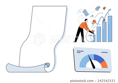 Blank paper scroll, man investing money into bar chart, and speedometer gauge vector illustration. Financial planning, investment growth, data analysis, business strategy, performance tracking Blank paper scroll, man investing money into bar chart, and speedometer gauge vector illustration. Financial planning, investment growth, data analysis, business strategy, performance tracking 142542331