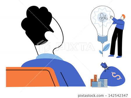 Person looking at lightbulb idea and money bag vector illustration. Innovation, investment, startup, profit, development, success. Man observing creative project and capital assets Person looking at lightbulb idea and money bag vector illustration. Innovation, investment, startup, profit, development, success. Man observing creative project and capital assets 142542347