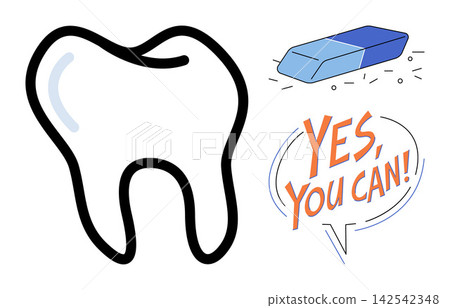 A tooth icon with an eraser and motivational text vector illustration. Dentistry, oral hygiene, teeth whitening, problem solving, positive mindset, dental health. Molar symbol and rubber A tooth icon with an eraser and motivational text vector illustration. Dentistry, oral hygiene, teeth whitening, problem solving, positive mindset, dental health. Molar symbol and rubber 142542348