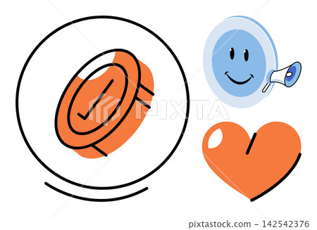 Feedback checkmark, happy face with megaphone and heart shape vector illustration. Customer service, brand loyalty, user experience, positive review, marketing strategy, social engagement. Rating Feedback checkmark, happy face with megaphone and heart shape vector illustration. Customer service, brand loyalty, user experience, positive review, marketing strategy, social engagement. Rating 142542376