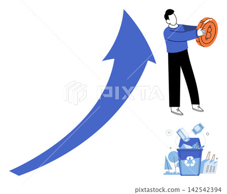 A man holding a bitcoin coin next to a rising arrow and recycling bin vector illustration. Cryptocurrency, investment, ecology, sustainability, finance, waste management. Digital currency profit A man holding a bitcoin coin next to a rising arrow and recycling bin vector illustration. Cryptocurrency, investment, ecology, sustainability, finance, waste management. Digital currency profit 142542394