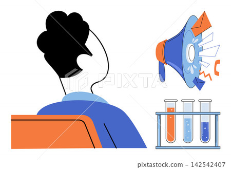 Person looking at a megaphone and test tubes vector illustration. Marketing, scientific research, laboratory testing, public announcement, medical discovery, data analysis. Individual observing lab Person looking at a megaphone and test tubes vector illustration. Marketing, scientific research, laboratory testing, public announcement, medical discovery, data analysis. Individual observing lab 142542407