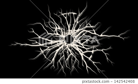 Bullet holes and radial cracks in shattered glass against a black background. Bullet holes and radial cracks in shattered glass against a black background. 142542408