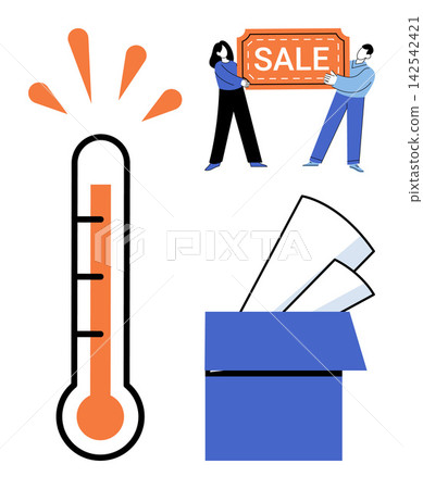 Thermometer, people holding a sale sign, and a box with documents vector illustration. Marketing, retail, commerce, shipping, logistics, temperature. Measuring device, shoppers package papers 142542421