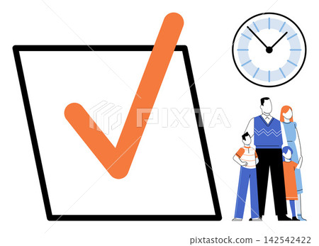 Family standing near a checklist and clock vector illustration. Time management, life goals, parenting, schedule, organization, future planning. People with a task list and timepiece Family standing near a checklist and clock vector illustration. Time management, life goals, parenting, schedule, organization, future planning. People with a task list and timepiece 142542422