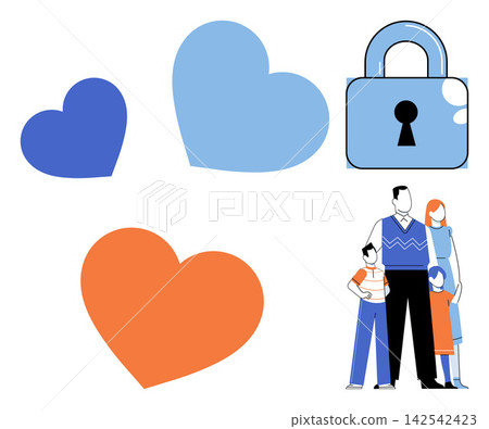 Family standing with hearts and a padlock vector illustration. Security, insurance, parenting, commitment, trust, relationship. Parents and children protected by a lock symbol and love Family standing with hearts and a padlock vector illustration. Security, insurance, parenting, commitment, trust, relationship. Parents and children protected by a lock symbol and love 142542423