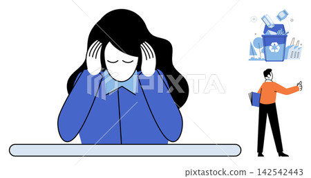 Stressed woman holding her head in hands vector illustration. Mental health, workplace burnout, emotional exhaustion, professional fatigue, psychological pressure, corporate stress. Female employee Stressed woman holding her head in hands vector illustration. Mental health, workplace burnout, emotional exhaustion, professional fatigue, psychological pressure, corporate stress. Female employee 142542443