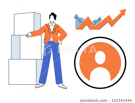 Business person standing by boxes with financial growth charts and user profile icon vector illustration. Sales, marketing, logistics, investment, management, customer service. Entrepreneur Business person standing by boxes with financial growth charts and user profile icon vector illustration. Sales, marketing, logistics, investment, management, customer service. Entrepreneur 142542444