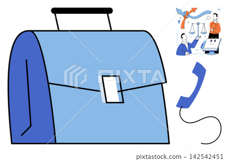 Blue briefcase with telephone handset and office icons vector illustration. Business, corporate, communication, management, strategy, professional. Office bag with phone handset Blue briefcase with telephone handset and office icons vector illustration. Business, corporate, communication, management, strategy, professional. Office bag with phone handset 142542451