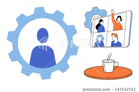 People in a video conference on a tablet with a gear icon vector illustration. Remote work, digital communication, virtual meeting, team collaboration, online business, corporate connection. Virtual People in a video conference on a tablet with a gear icon vector illustration. Remote work, digital communication, virtual meeting, team collaboration, online business, corporate connection. Virtual 142542542