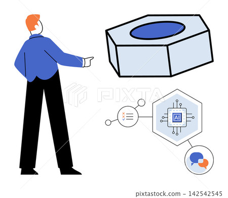 Man pointing at a metal nut and artificial intelligence technology vector illustration. Engineering, industrial development, digital transformation, innovation, automation, smart manufacturing 142542545