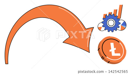 Orange arrow pointing to a Litecoin coin and business charts vector illustration. Finance, investment, cryptocurrency, market growth, digital assets, trading strategy. Crypto currency icon Orange arrow pointing to a Litecoin coin and business charts vector illustration. Finance, investment, cryptocurrency, market growth, digital assets, trading strategy. Crypto currency icon 142542565