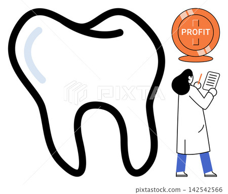 Dentist examining a large tooth icon with a profit coin vector illustration. Dental business, clinic revenue, financial growth, oral health investment, medical accounting, practice management Dentist examining a large tooth icon with a profit coin vector illustration. Dental business, clinic revenue, financial growth, oral health investment, medical accounting, practice management 142542566