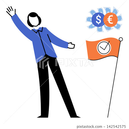Businesswoman waving hand with currency symbols and goal achievement flag vector illustration. Financial success, goal setting, target achievement, investment, profit, career growth. Professional Businesswoman waving hand with currency symbols and goal achievement flag vector illustration. Financial success, goal setting, target achievement, investment, profit, career growth. Professional 142542575
