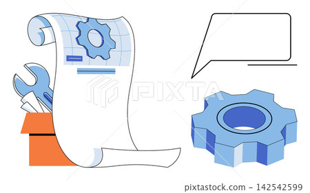 Technical support and engineering workflow vector illustration. Project management, industrial development, mechanical engineering, system maintenance, business optimization, creative solution Technical support and engineering workflow vector illustration. Project management, industrial development, mechanical engineering, system maintenance, business optimization, creative solution 142542599